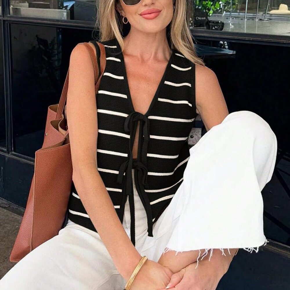Black Casual Minimalist Women's V-Neck Striped Tie-Front Bowknot Vest